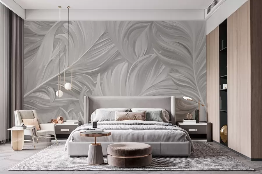 wall murals A large, painted, curved feather in shades of grey w05757v3