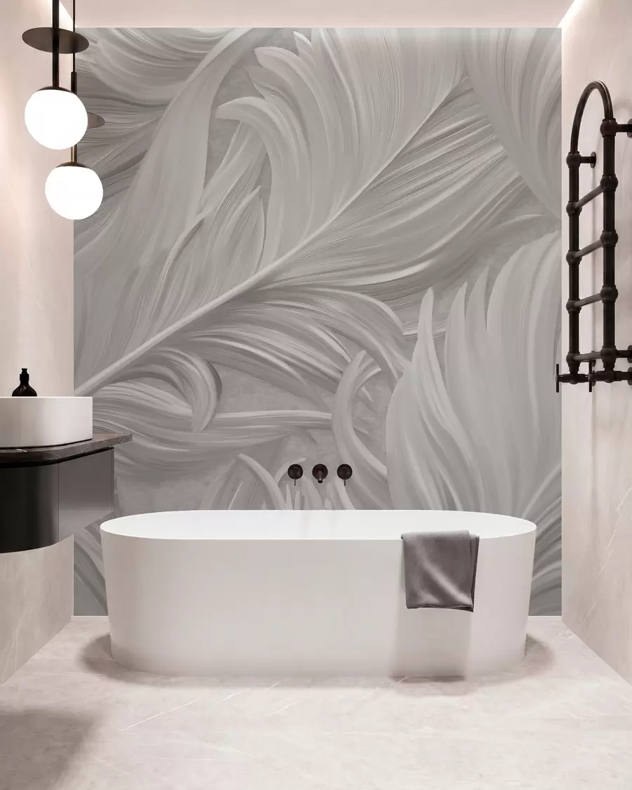 wall murals A large, painted, curved feather in shades of grey w05757v3
