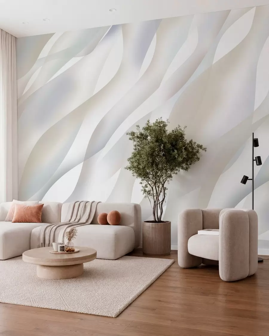 wall murals Abstract waves in shades of grey and beige against a white background w05758