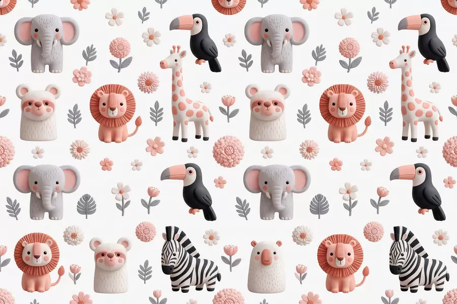 wall murals Safari in soft tones: giraffes, lions, elephants and toucans w09994