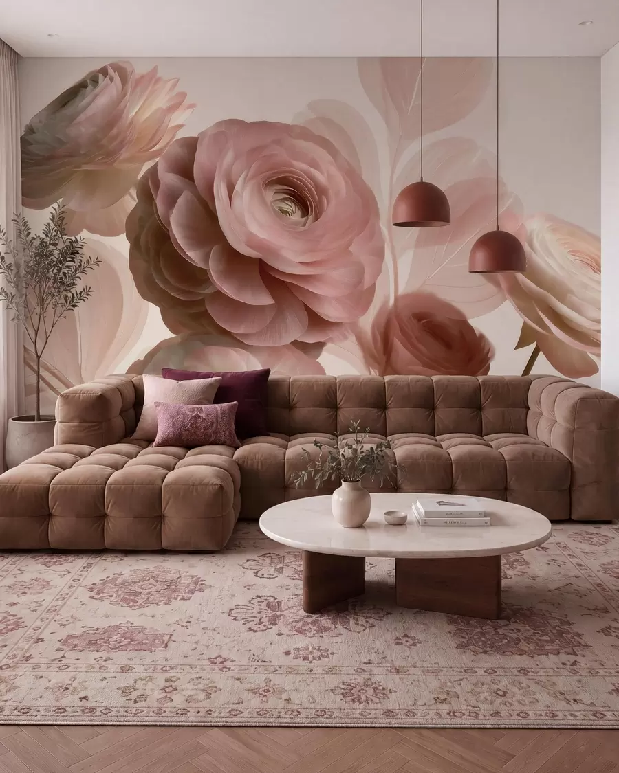wall murals Voluminous powder-pink ranunculus flowers with translucent petals in soft pink and beige tones w09998