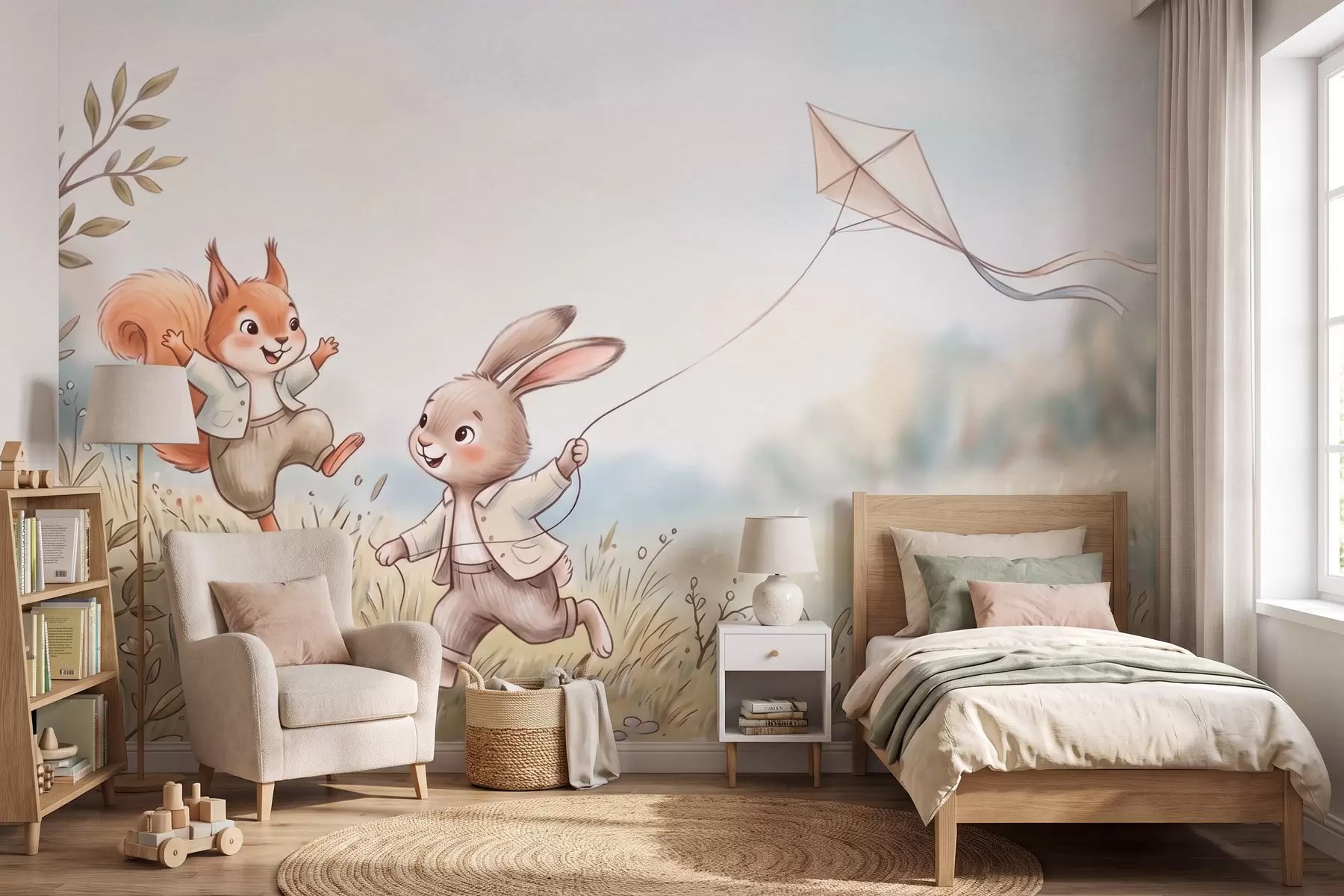 wall murals A bunny with a kite and a squirrel in a meadow, in watercolor style w10007
