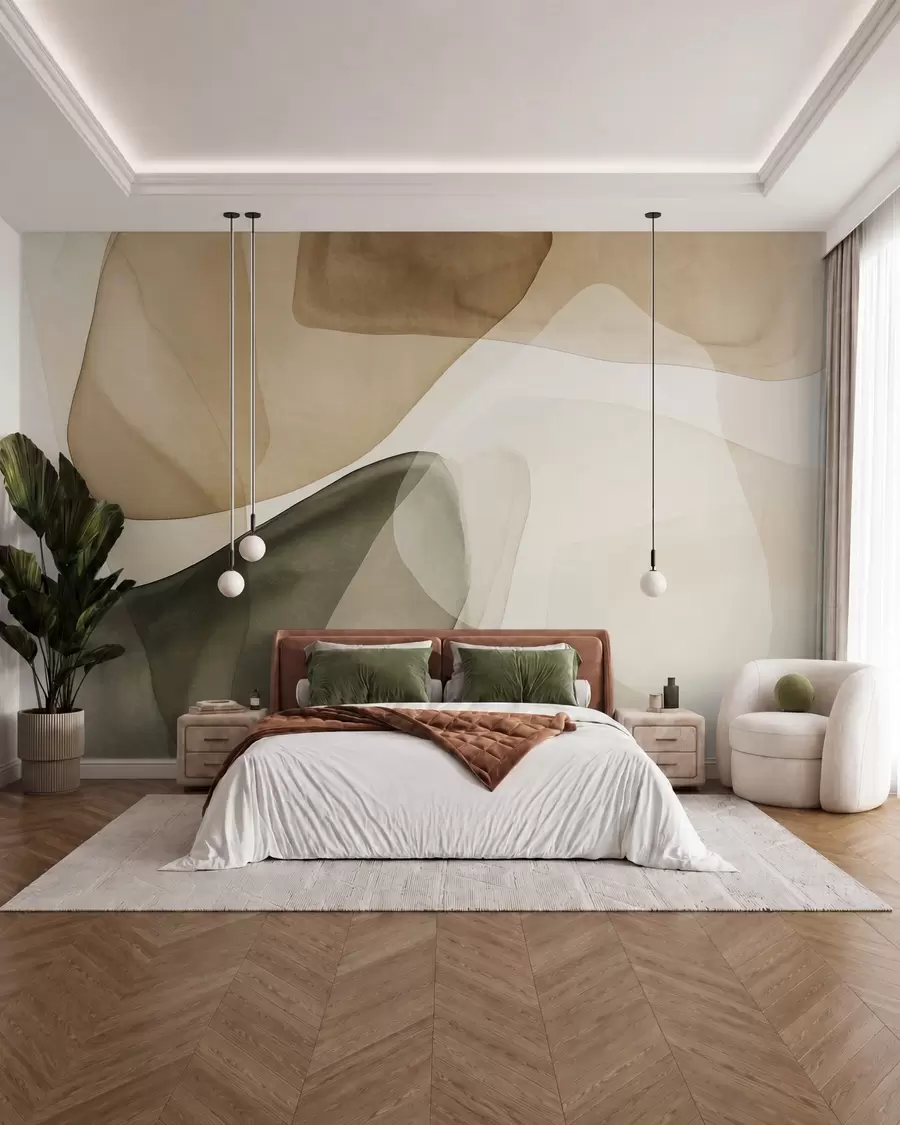 wall murals Abstract shapes in shades of beige and green, textured, translucent layers effect w10022