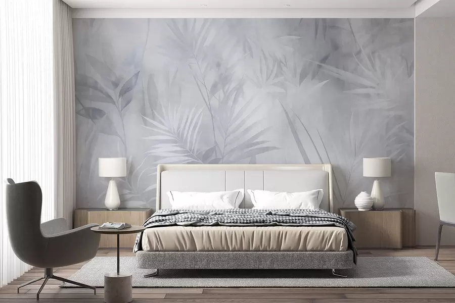 wall murals Palm leaves in muted blue tones, with a soft background, tropical jungle w10023v2