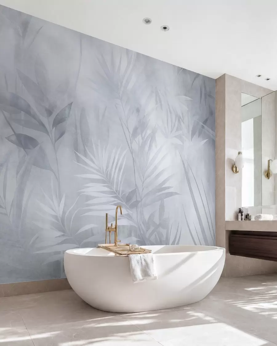wall murals Palm leaves in muted blue tones, with a soft background, tropical jungle w10023v2