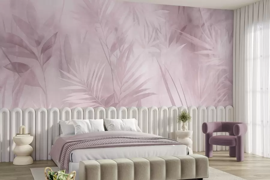 wall murals Palm leaves in muted pink tones, with a soft background, tropical jungle w10023v3