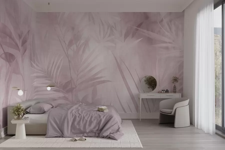 wall murals Palm leaves in muted pink tones, with a soft background, tropical jungle w10023v3