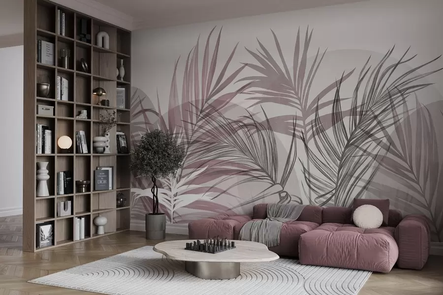 wall murals Palm leaves in neutral tones of pink and gray, with abstract shapes w10025v1