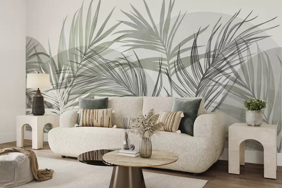 wall murals Palm leaves in neutral tones of green and gray, with abstract shapes w10025v2