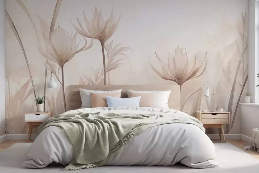 wall murals Textured translucent flowers in soft peach and beige hues with long stems and foliage w10028