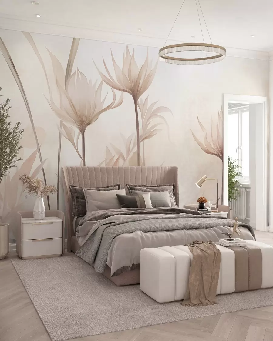 wall murals Textured translucent flowers in soft peach and beige hues with long stems and foliage w10028