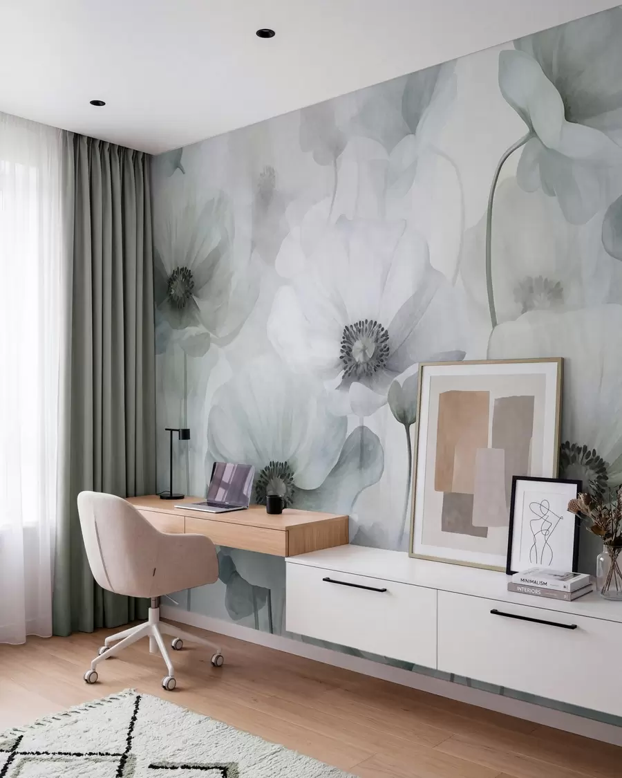 wall murals Muted textured poppies with dark centers, delicate translucent petals, soft background w10029v2