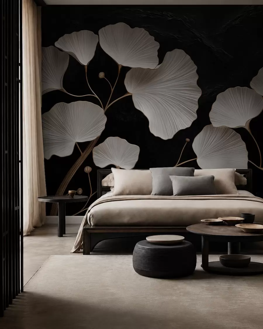 wall murals White fan-shaped leaves on a black background w05860
