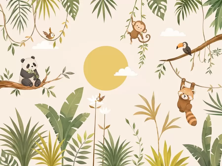 wall murals Tropical animals among lush green foliage w05865