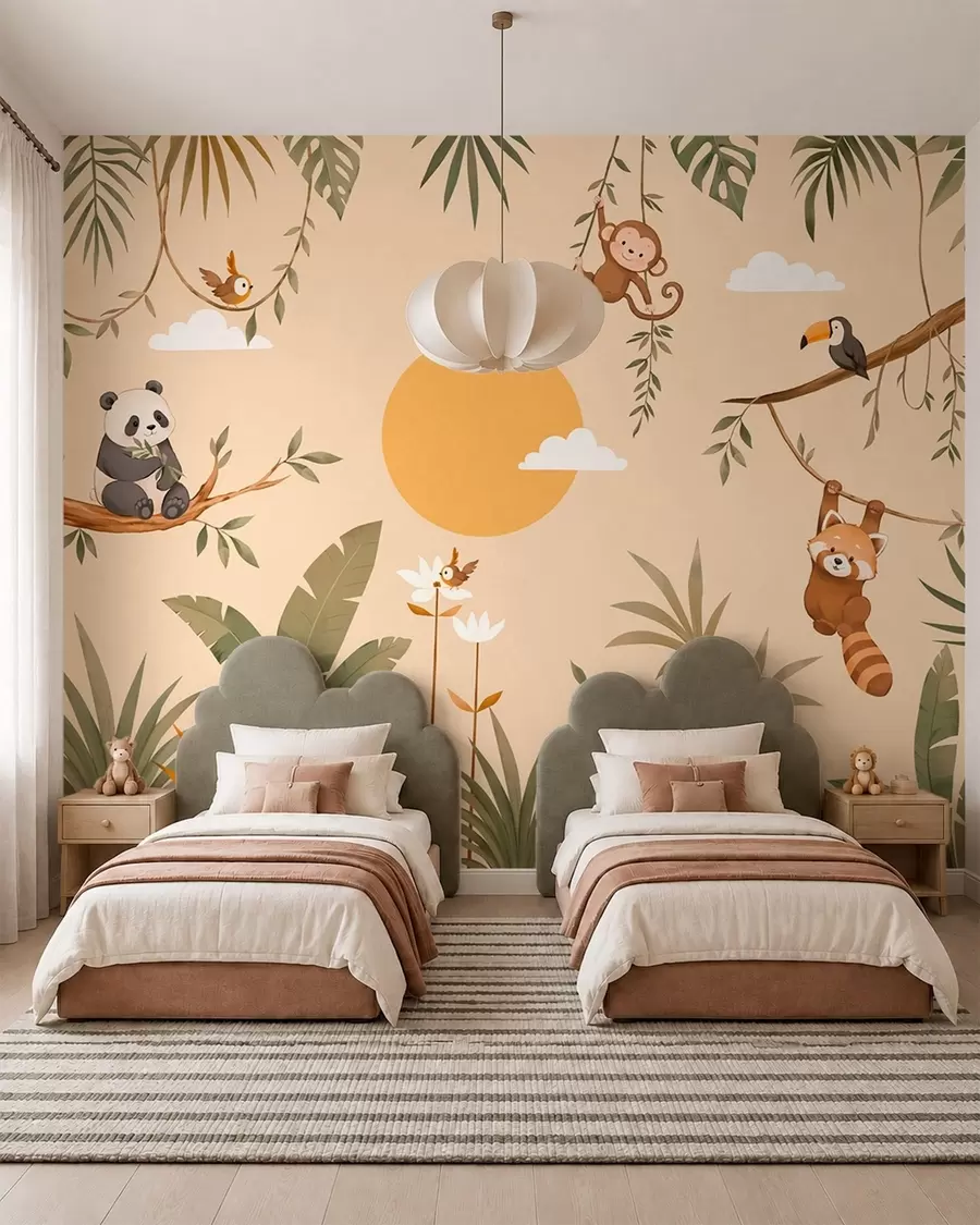 wall murals Tropical animals, foliage and sun on a warm background w05865v1