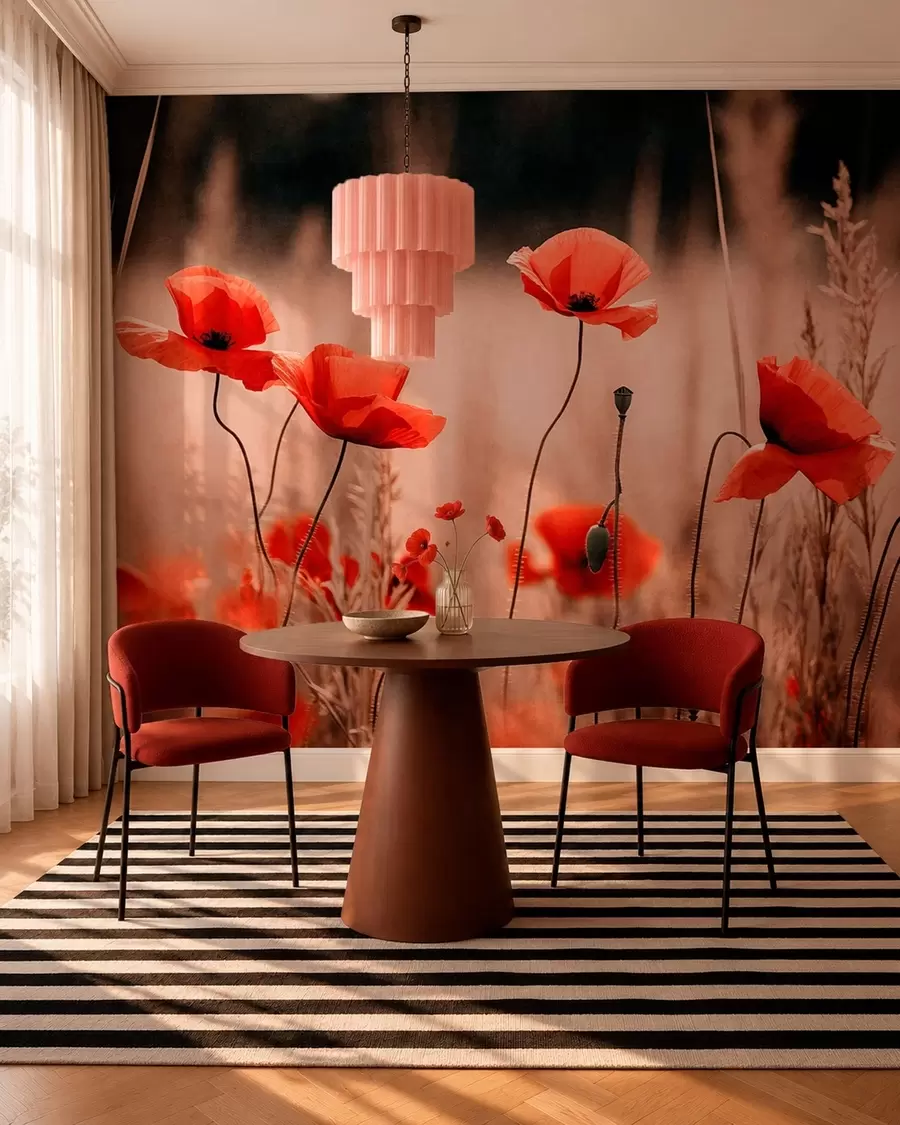 wall murals Bright red poppies among dry grasses w05866