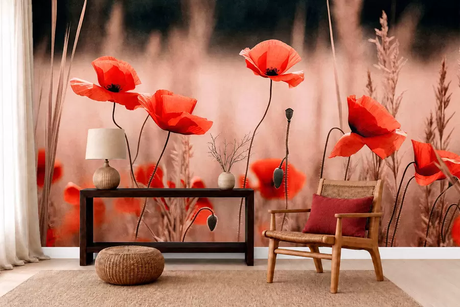 wall murals Bright red poppies among dry grasses w05866