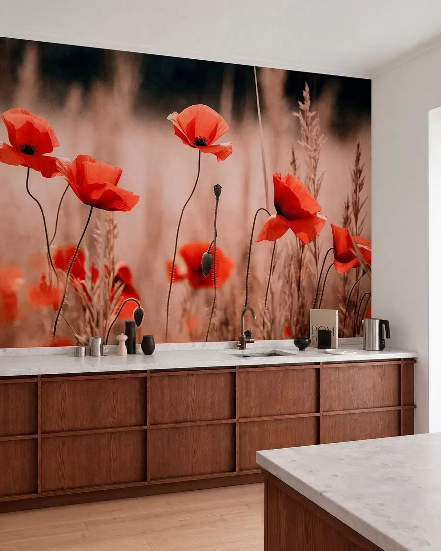 wall murals Bright red poppies among dry grasses w05866