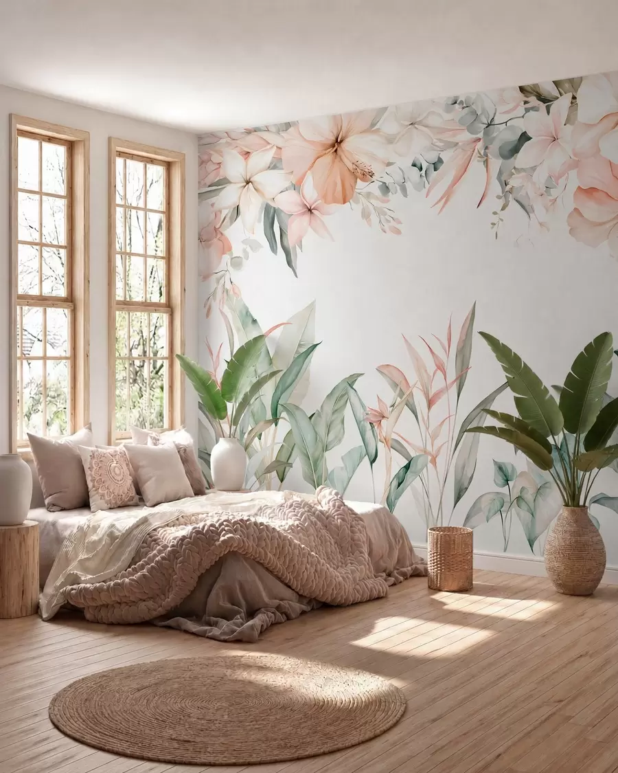 wall murals A tropical composition of flowers and plants in a watercolour style, in delicate shades w05870