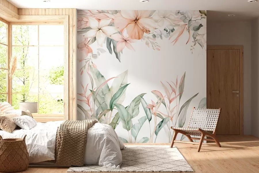 wall murals A tropical composition of flowers and plants in a watercolour style, in delicate shades w05870