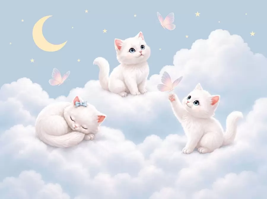wall murals Cute kittens with butterflies among the clouds w05841