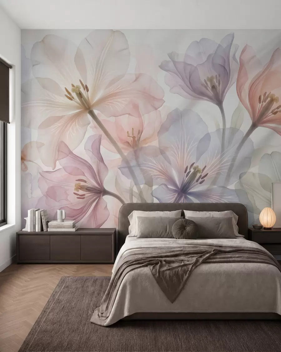 wall murals Delicate transparent flowers in pastel shades, in a watercolor style w09999