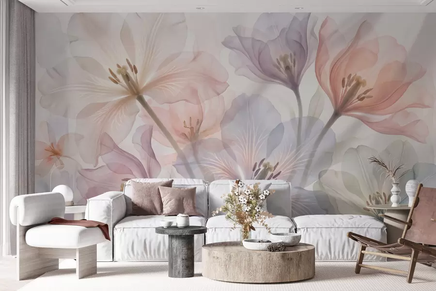 wall murals Delicate transparent flowers in pastel shades, in a watercolor style w09999