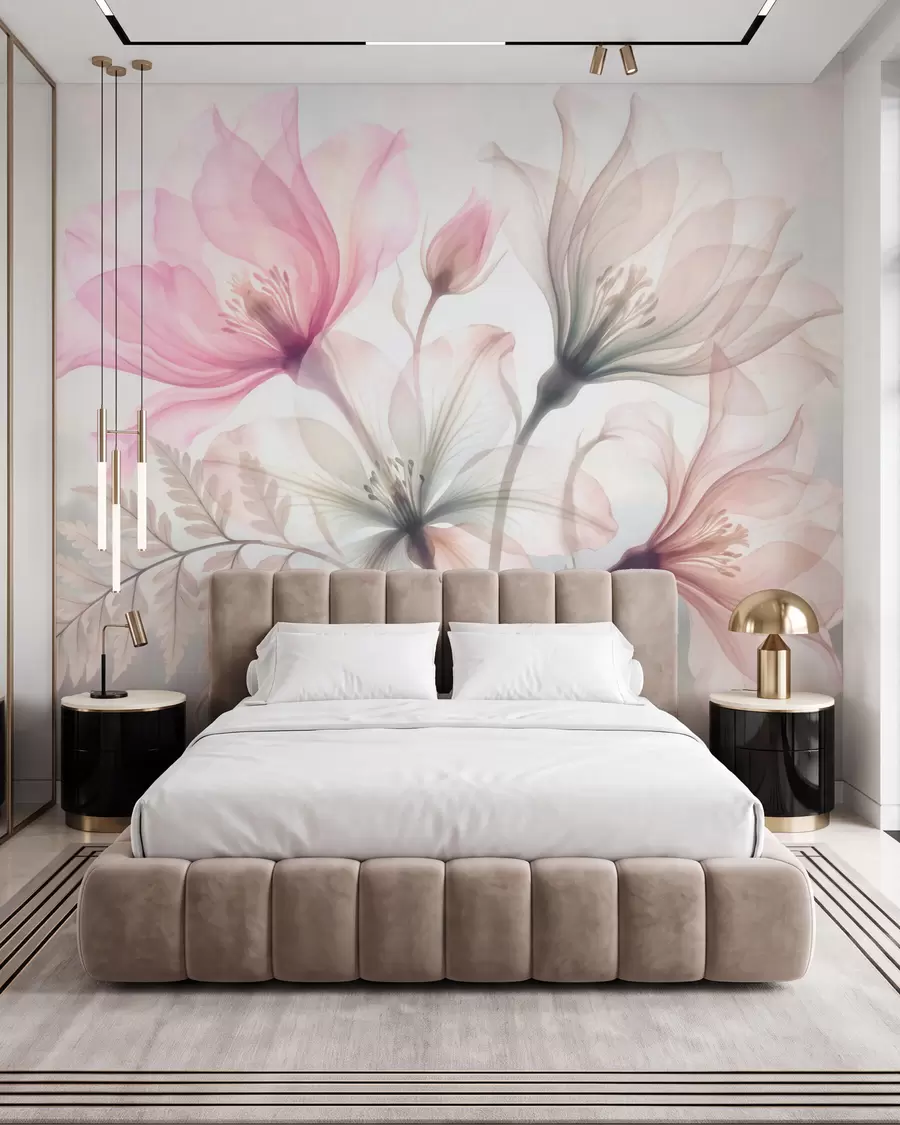 wall murals Delicate flowers in pastel pink and blue tones, in a watercolor style w10009