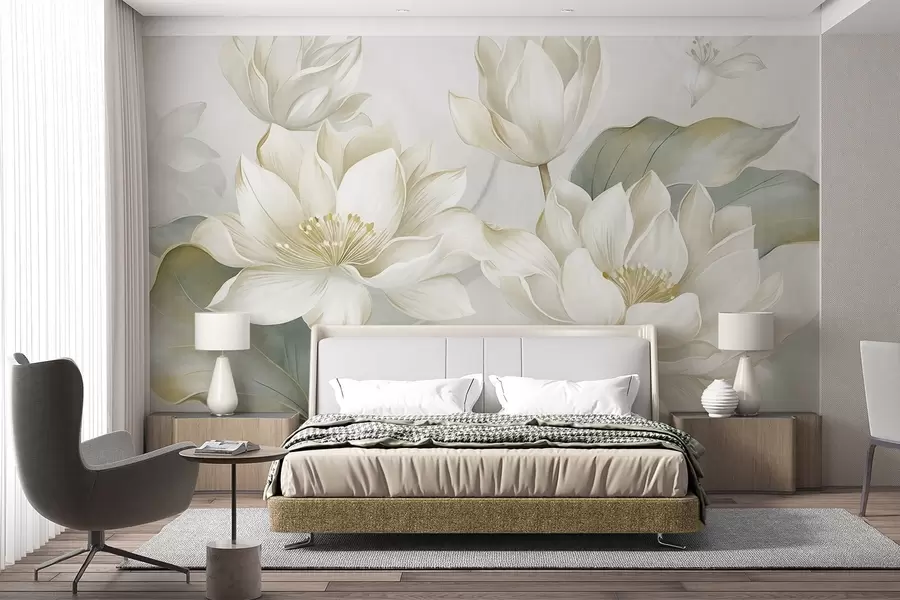 wall murals Textured lotus flowers with delicate petals, large, muted green leaves w10027
