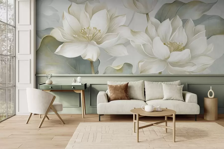 wall murals Textured lotus flowers with delicate petals, large, muted green leaves w10027