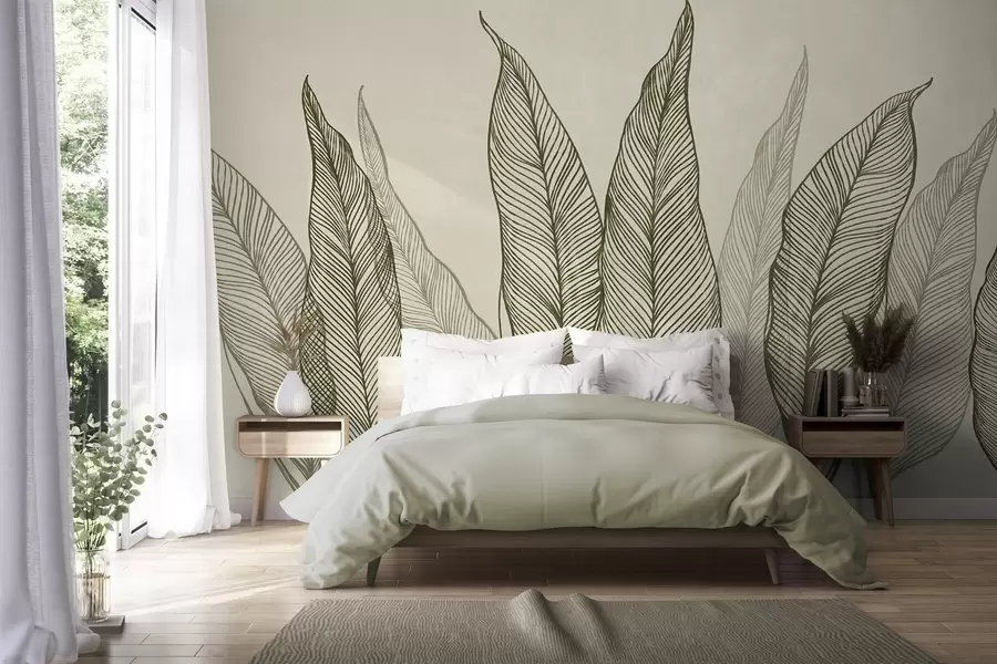 wall murals Stylized green leaves with intricate line details on a beige background, textured art w10030