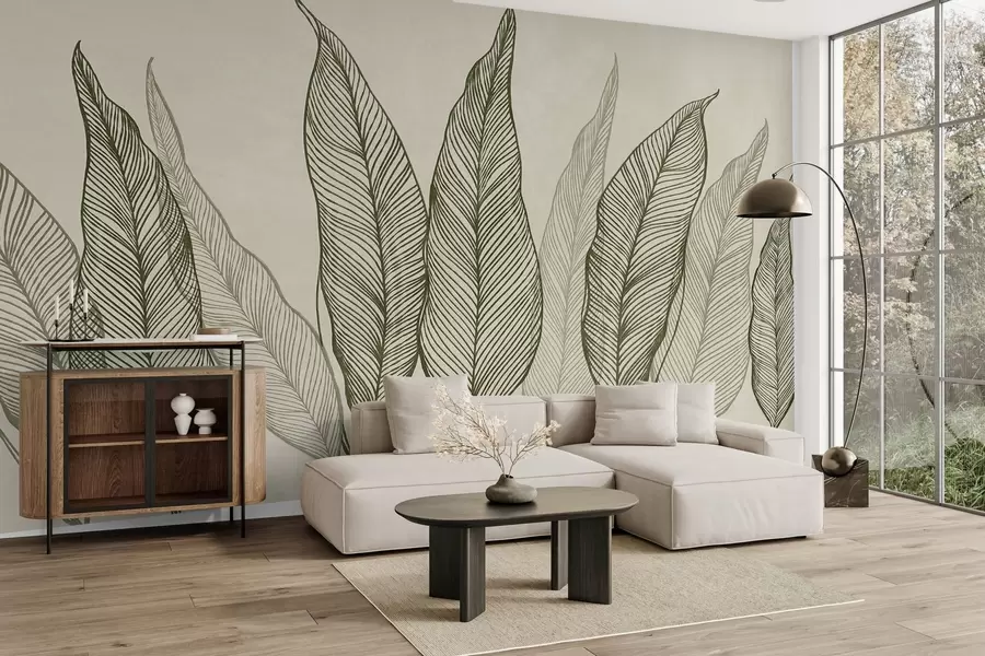 wall murals Stylized green leaves with intricate line details on a beige background, textured art w10030