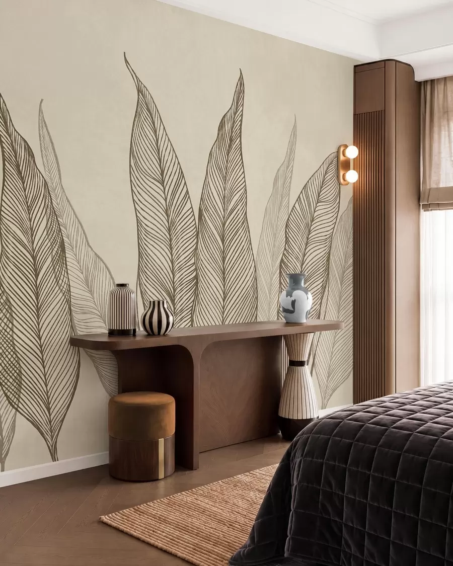 wall murals Stylized brown leaves with intricate line details on a beige background, textured art w10030v2