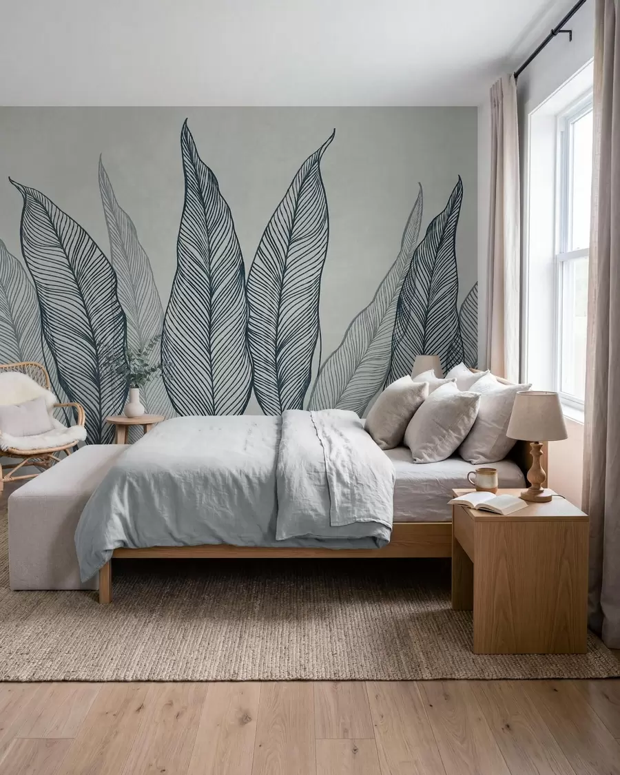 wall murals Stylized blue leaves with intricate line details on a gray background, textured art w10030v3