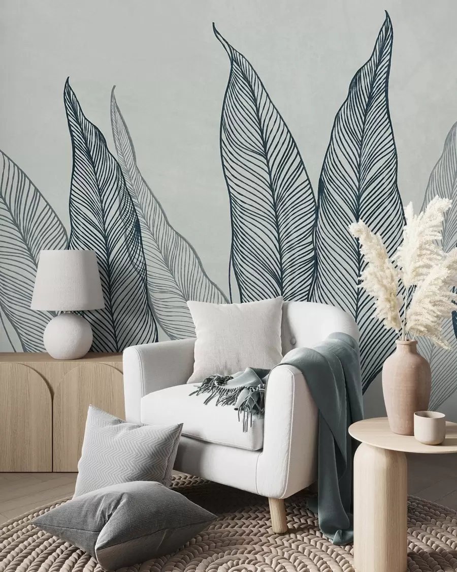 wall murals Stylized blue leaves with intricate line details on a gray background, textured art w10030v3