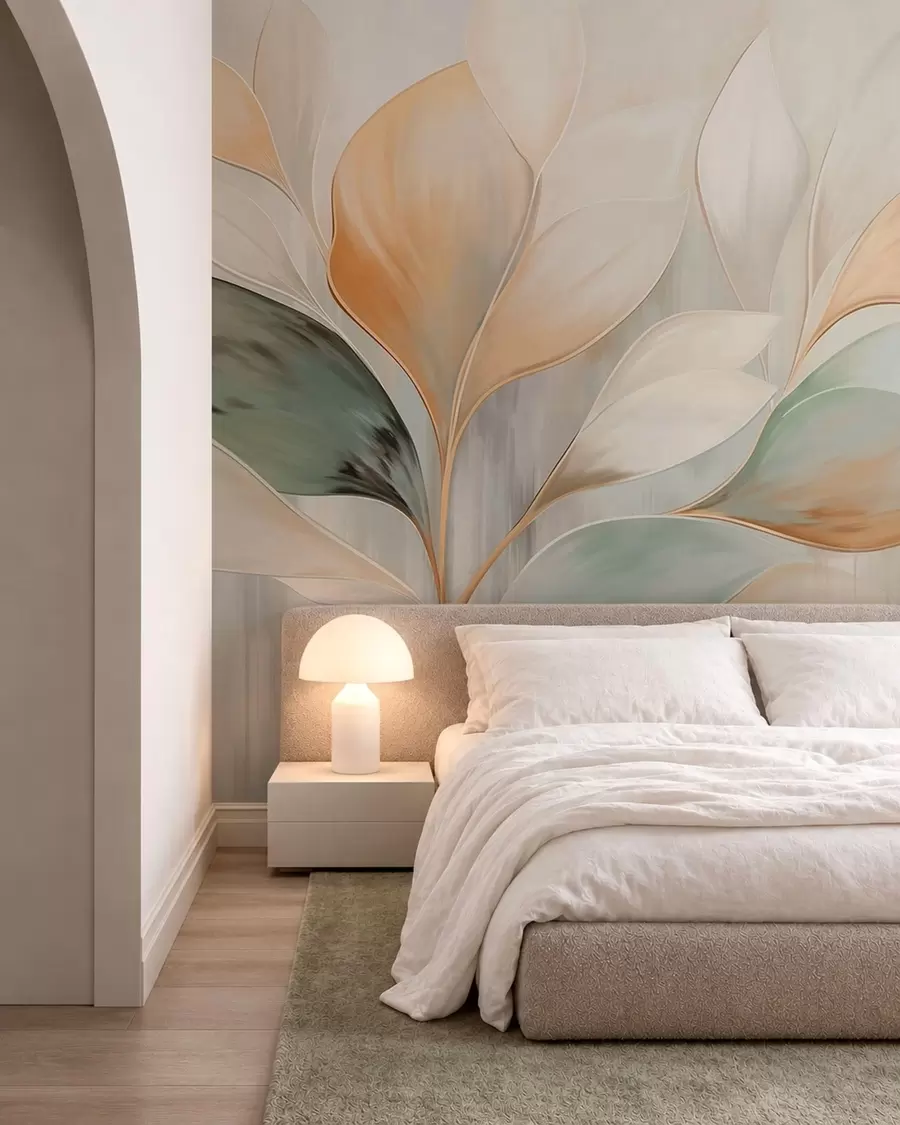wall murals Abstract leaves in cream, peach and green tones w05861