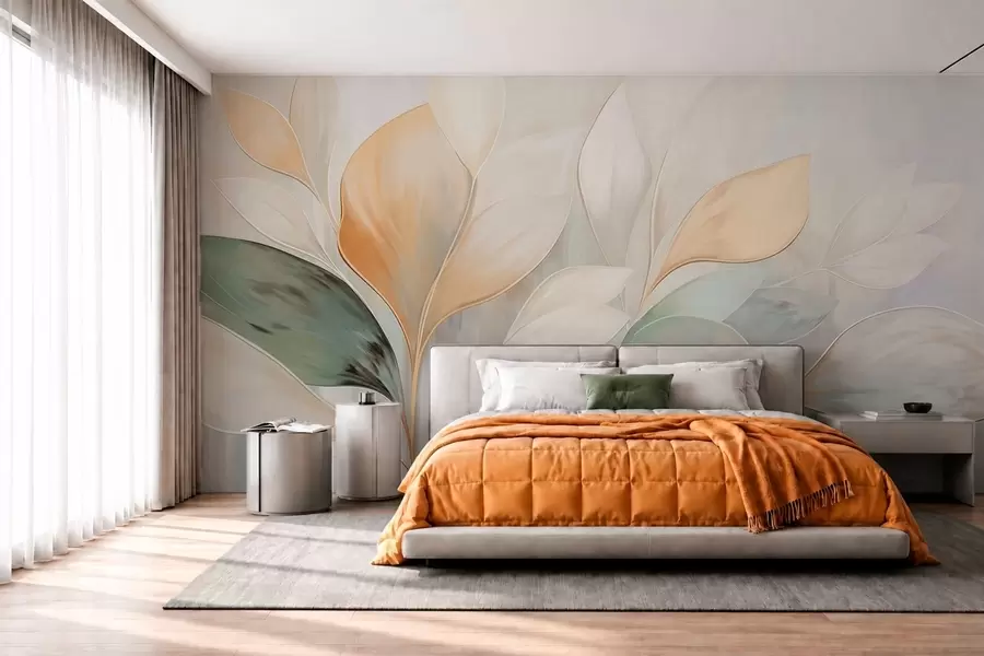 wall murals Abstract leaves in cream, peach and green tones w05861