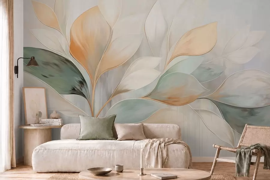 wall murals Abstract leaves in cream, peach and green tones w05861