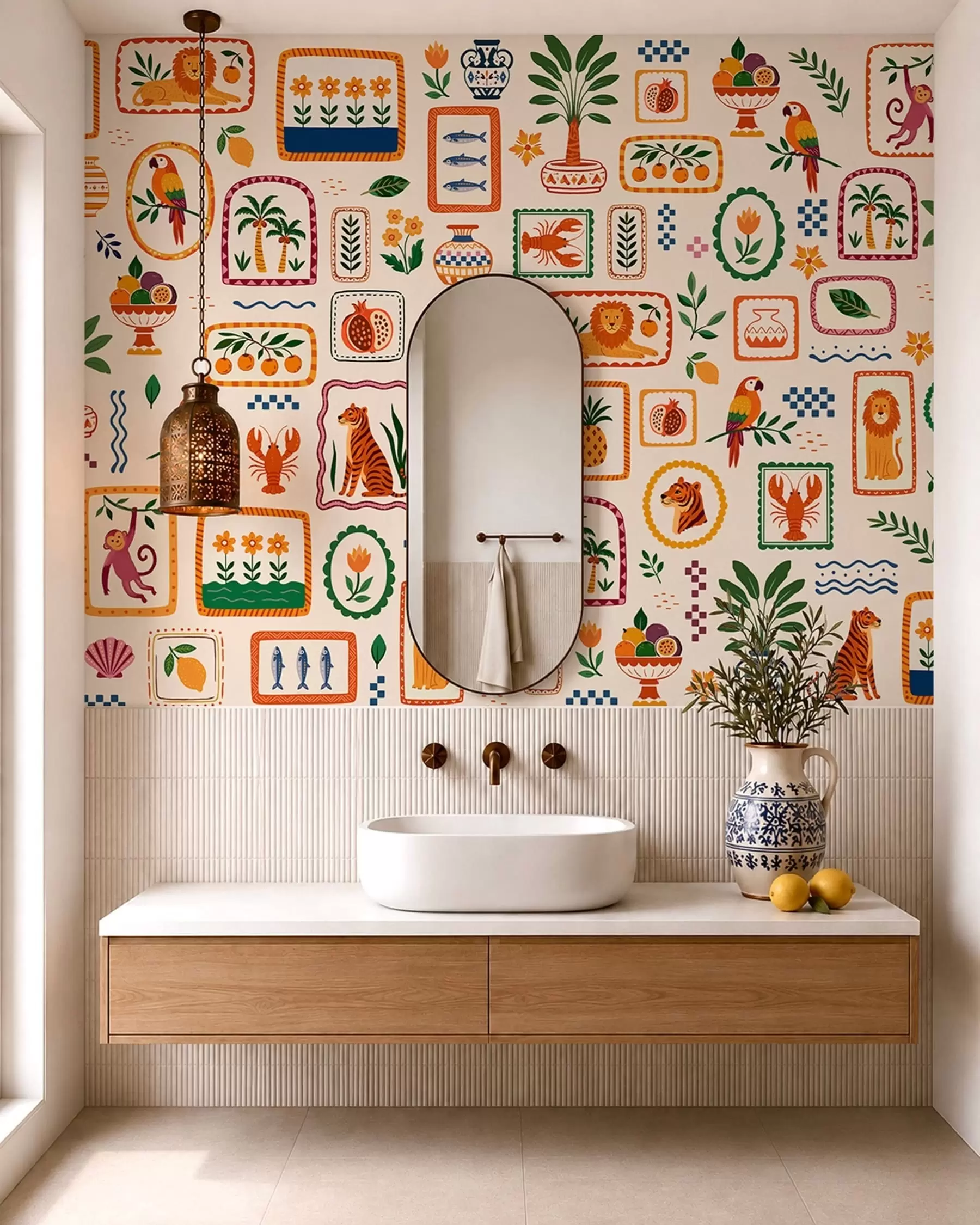 wall murals Colorful pattern with animals, plants and fruit w05885