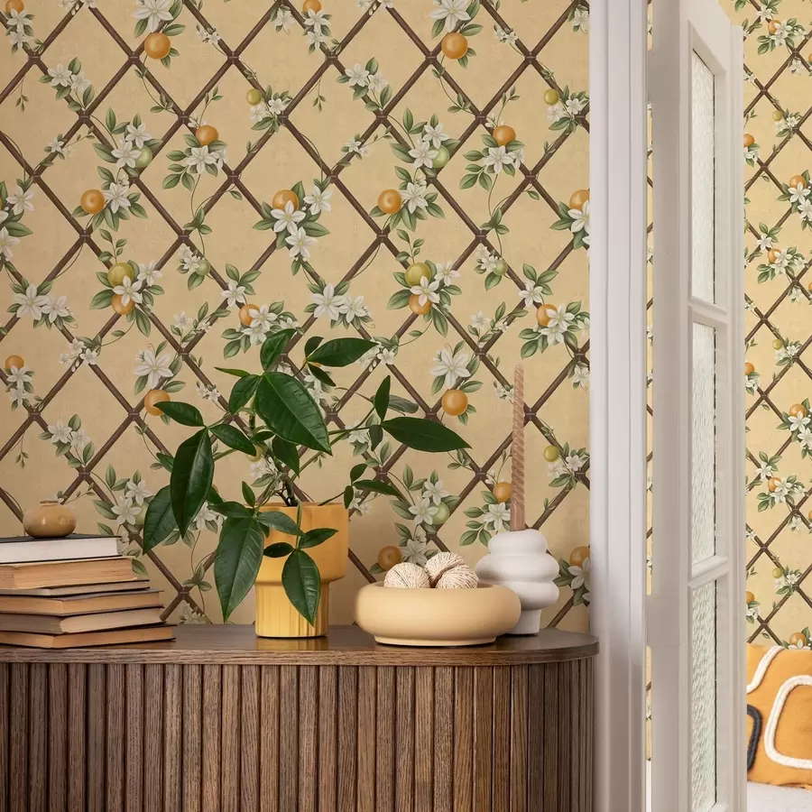 wall murals Flowers and citrus fruits on a cream background with lattice a01261v2