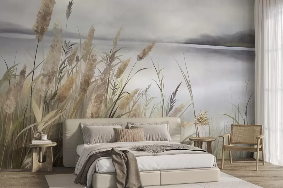 wall murals Tall, dry grass and reeds in the foreground, textured landscape, pastel colors w10017