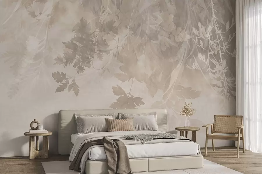 wall murals Textured leaves and branches against a soft, muted beige background w10020