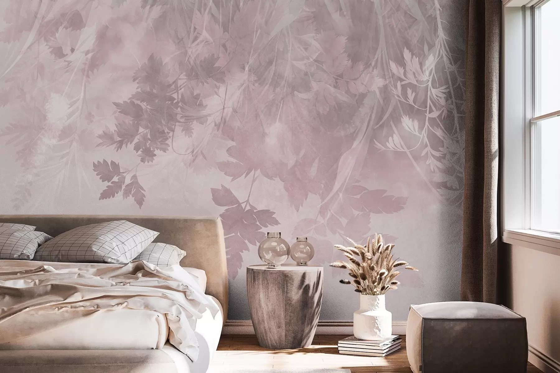 wall murals Textured leaves and branches against a soft, muted pink background w10020v1