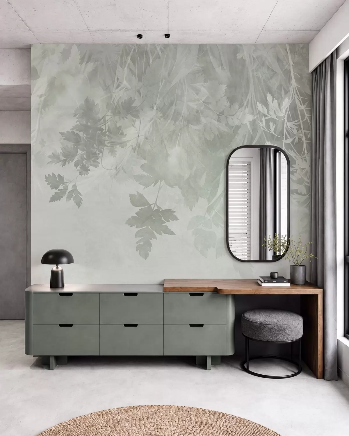 wall murals Textured leaves and branches against a soft, muted green background w10020v2