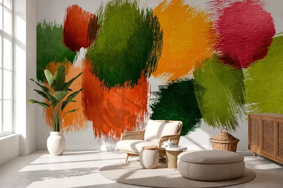 wall murals Abstract strokes of green, orange and pink w05859