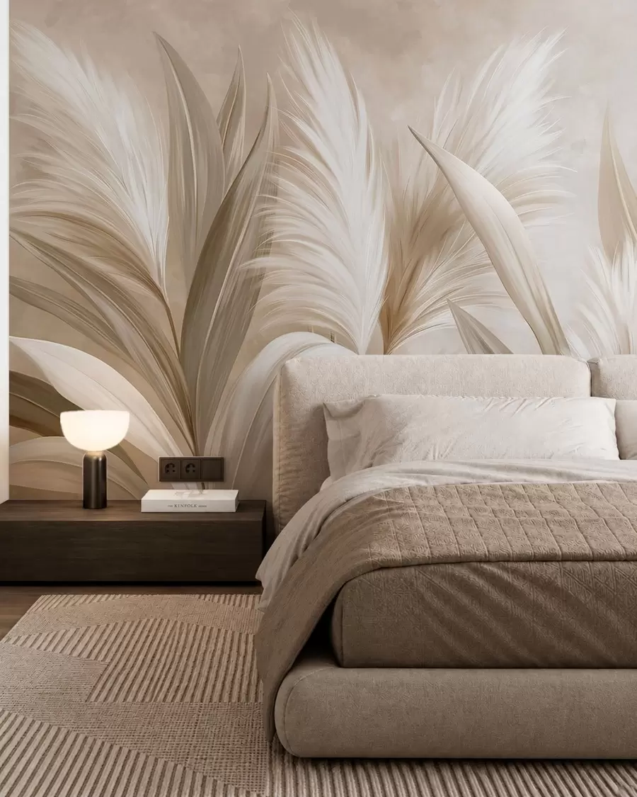 wall murals Pale decorative leaves and feathery blooms w05863
