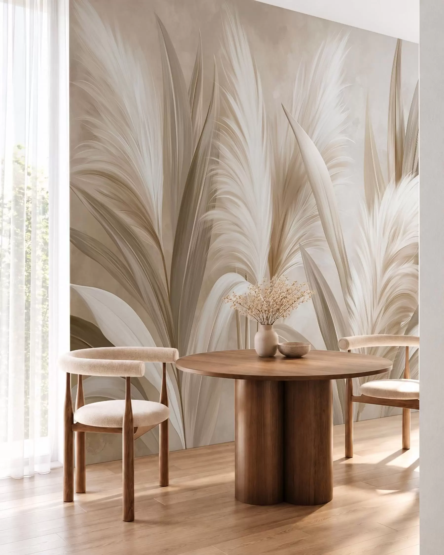wall murals Pale decorative leaves and feathery blooms w05863