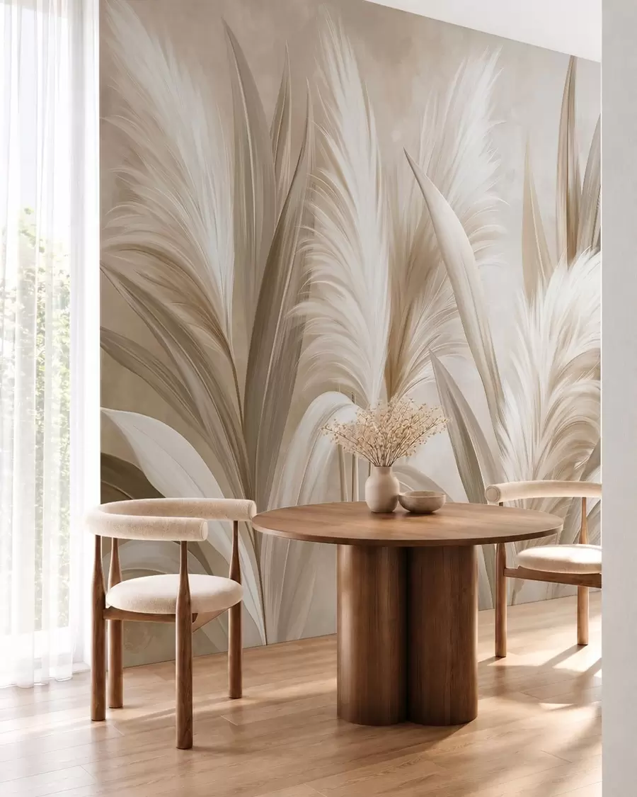 wall murals Pale decorative leaves and feathery blooms w05863