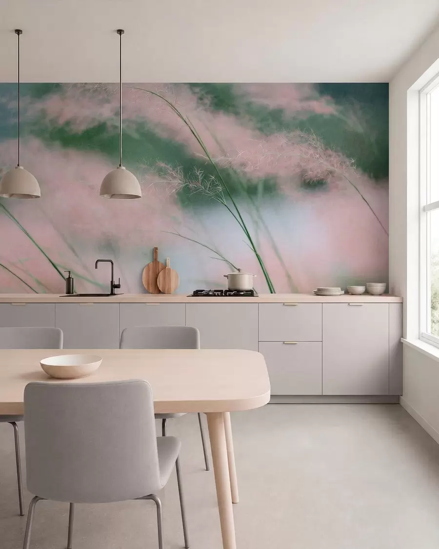 wall murals Delicate pink grasses against a soft green background w05886