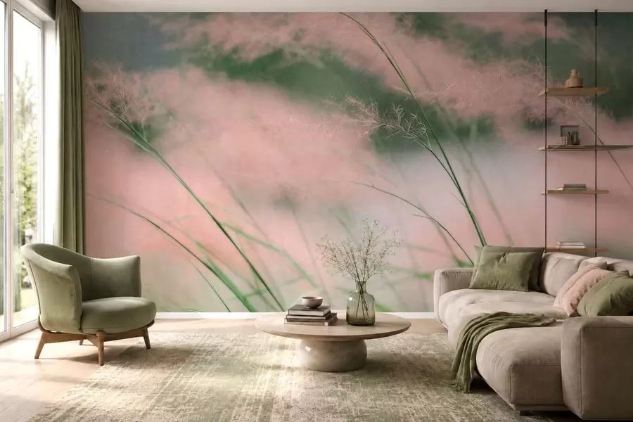 wall murals Delicate pink grasses against a soft green background w05886v1